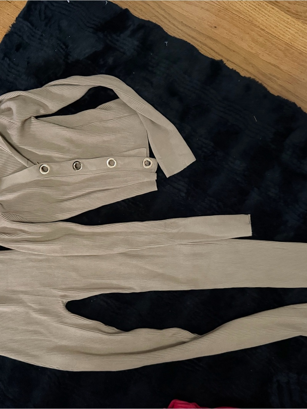 Ribbed Taupe Long-Sleeve Top with Grommet Detail